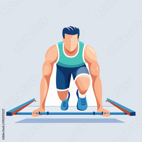 Male athlete in starting position ready to run, focused and determined for competition.