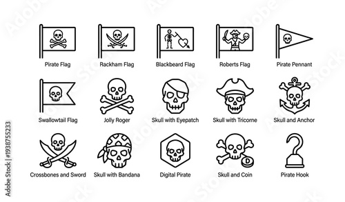 Pirate flags and skull icons: crossbones, eyepatch, tricorne, bandana, hook