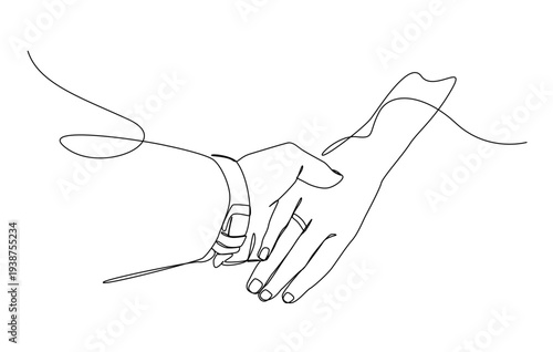 Continuous line drawing of couple holding hands on white background