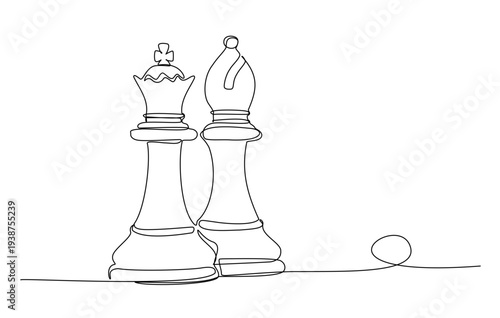 Chess pieces queen and bishop continuous line drawing strategy concept