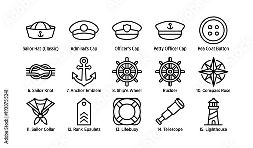 Nautical icons: hats, emblems, wheel, knot, compass, telescope, lighthouse