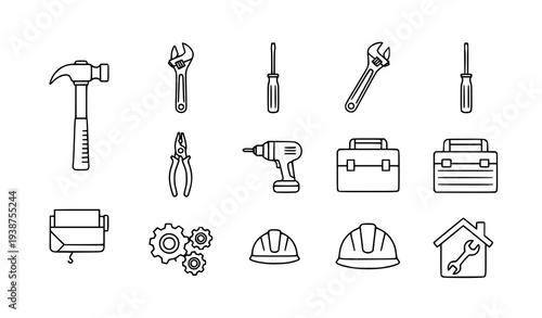 Handyman toolbox thin line icon set with repair construction and mechanic symbols