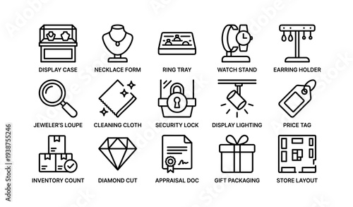 Jewelry store icons: display, packaging, security, and layout essentials