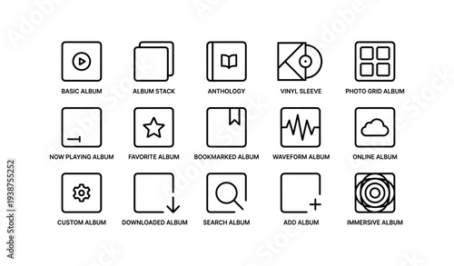 Music album icons collection: basic, favorite, vinyl, online, custom