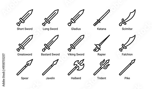 Icon set of swords and spears in line art style