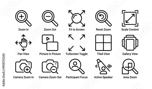 User interface icons for zoom, camera, and display features