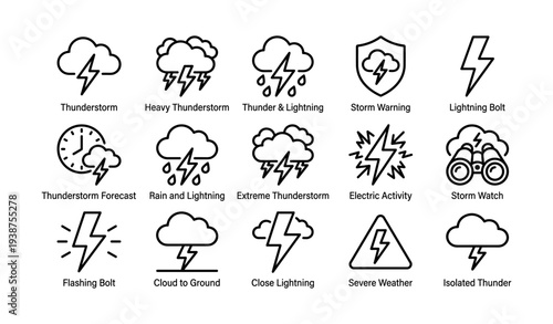Weather icons collection: thunderstorm, lightning, storm warning, cloud, forecast