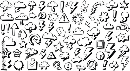 A collection of various cartoon style weather and alert icons in black and white
