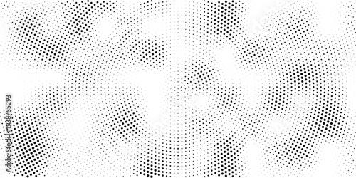 Radial halftone spotted gradient background. Dotted stains concentric texture with fading effect. Black and white circle shade wallpaper. Grunge rough vector. Monochrome geometric backdrop.