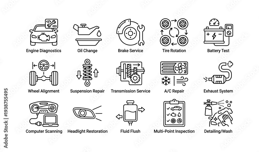 Fototapeta premium Automotive maintenance and repair icons: engine, oil, brakes, tires, battery, detailing