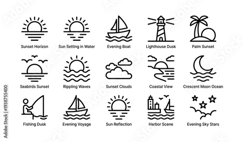 Sunset scenery icons: symbolic seaside views including boats, lighthouse, and palm trees