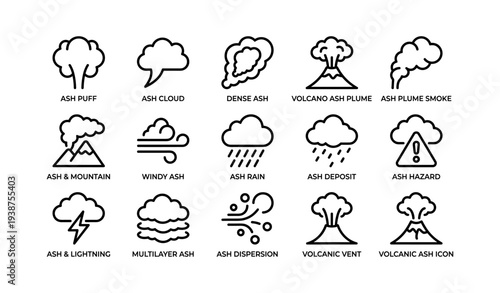 Volcanic ash icons set illustrating cloud, plume, vent, and hazard symbols