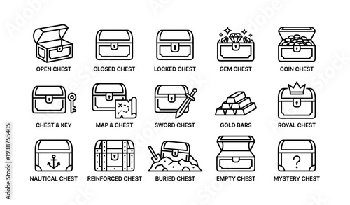 Collection of various treasure chests: open, closed, locked, gem, and more