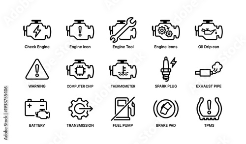 Automotive icons set: engine, warning, battery, transmission, fuel pump