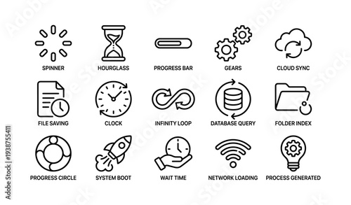 Icon set: progress, time management, and technology symbols