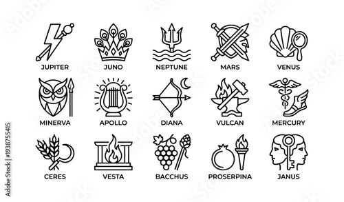 Roman gods and goddesses symbols set with iconic imagery
