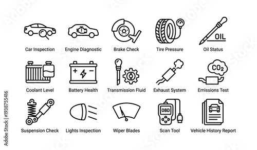 Automobile maintenance icons including tire, brake, battery, and engine inspection symbols