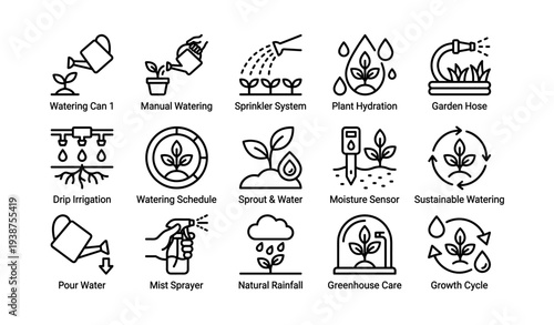 Watering methods and tools icons for efficient plant care and growth management