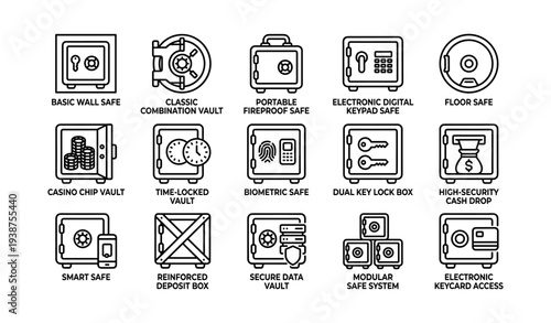 Different types of secure vault and safe icons for security solutions