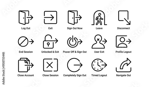 Variety of log out and exit icons for user interfaces