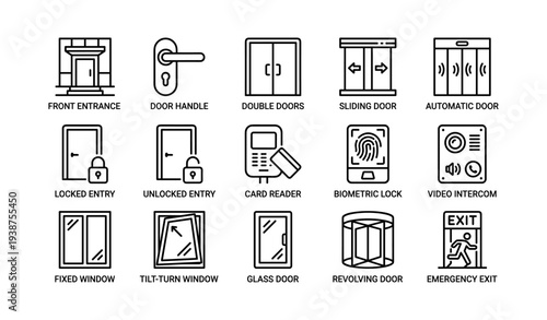 Door and window icons: entrance, security, emergency exit