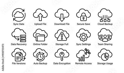 Cloud storage and backup icons: sync, upload, download, security, and data management