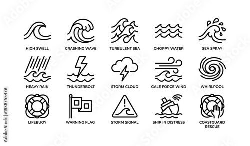 Weather and maritime safety icons: waves, storms, rescue signals