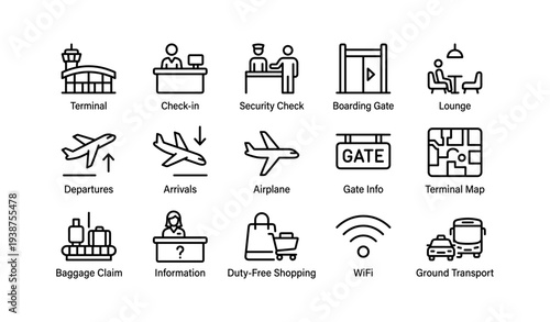Airport icon set: terminal, security, boarding, lounge, airplane, map, information