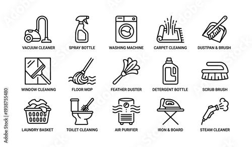 Collection of household cleaning equipment icons in black and white design