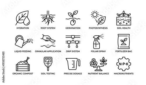 Garden care icons: hydration, germination, photosynthesis, soil health, fertilizer use