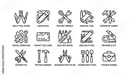 Versatile multi-tool icons for diy projects and outdoor activities