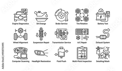Automotive maintenance and repair icons: engine, oil, brakes, tires, battery, detailing