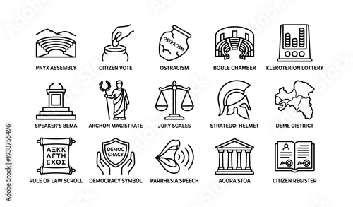 Ancient greek democracy icons: assembly, vote, ostracism, scales, symbols