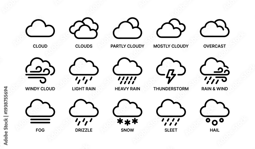 Obraz premium Weather icons: clouds, rain, snow, thunderstorm, hail