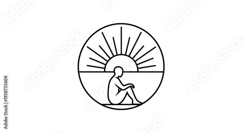 Elegant line art symbol depicting a contemplative figure under a radiating sun inside a perfect