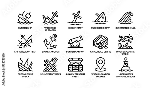 Nautical icons of sunken ships and maritime exploration