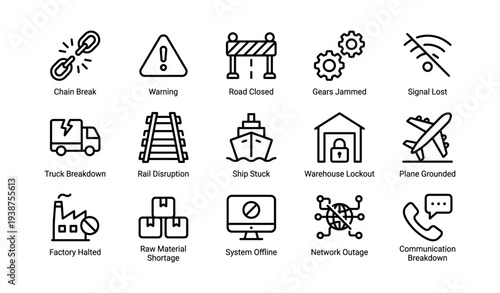 Industrial and transport disruptions: icons of breakdowns and malfunctions