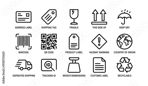 Shipping and packaging icons: labels, tags, and warnings for safe delivery
