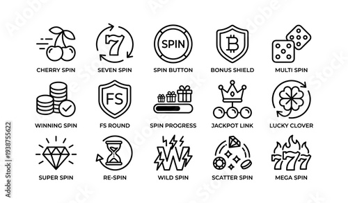Casino game icons set featuring spin, bonus, and jackpot symbols