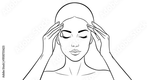 Mindful woman illustration, hands gently touching temples, promoting tranquility and self-reflection