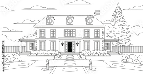 Elegant luxury house line art with landscaped garden, driveway and trees, detailed architectural outline illustration isolated on white background, residential exterior design concept