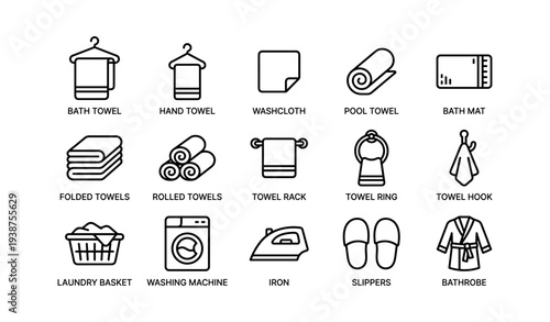 Laundry and bathroom essentials: towels, washing machine, iron, slippers, bathrobe