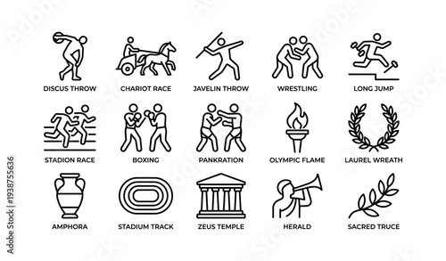 Ancient greek olympics icons featuring discus, chariot, javelin, wrestling, laurel, and more