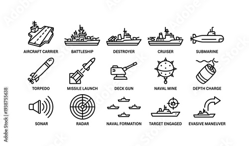 Naval warship icons: aircraft carrier, battleship, submarine, missile, sonar, radar