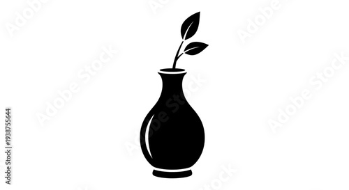 Elegant minimalist silhouette of a ceramic vase holding a fresh green plant sprout displaying two