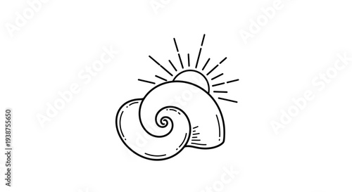 Coastal serenity captured in a simple line art seashell design with a radiant rising sun symbol