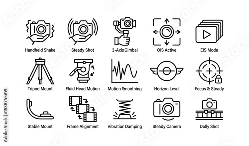 Camera stabilization icons: gimbal, tripod, vibration, motion, alignment