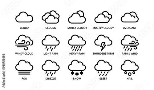 Weather icons: clouds, rain, snow, thunderstorm, hail