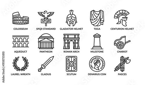 Ancient roman symbols: colosseum, spqr, gladiator, and more icon set