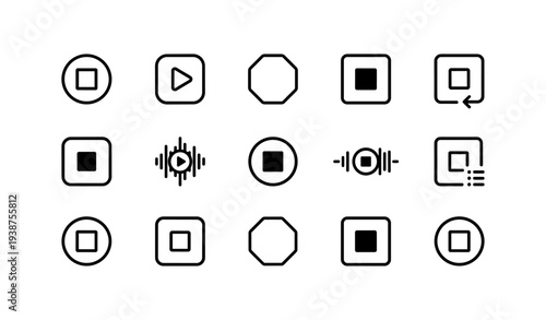 Minimalist media player icons: play, pause, stop, sound, square, octagon, circle